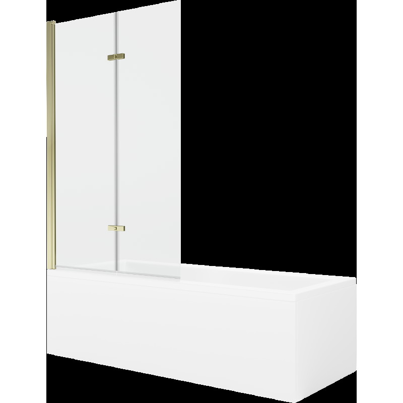 Mexen Cubik cadă dreptunghiulară de 150 x 70 cm cu panouri si paravan cu 2 aripi 100 cm, transparent, auriu - 550315070X92100250