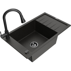 Mexen Elias chiuvetă de granit cu un compartiment, cu picurător și baterie de bucătărie Elia, Neagră/Auriu metalic - 6511-75-670