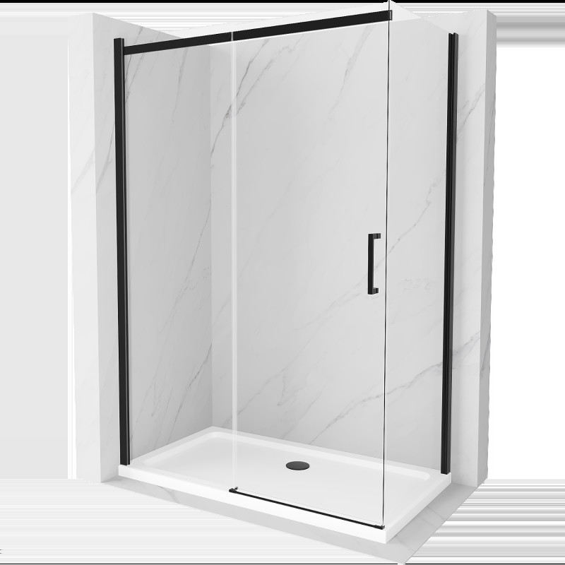 Mexen Omega cabină de duș extensibilă 140 x 80 cm, transparent, Neagră + cadă de duș Flat, Albă - 825-140-080-70-00-4010B