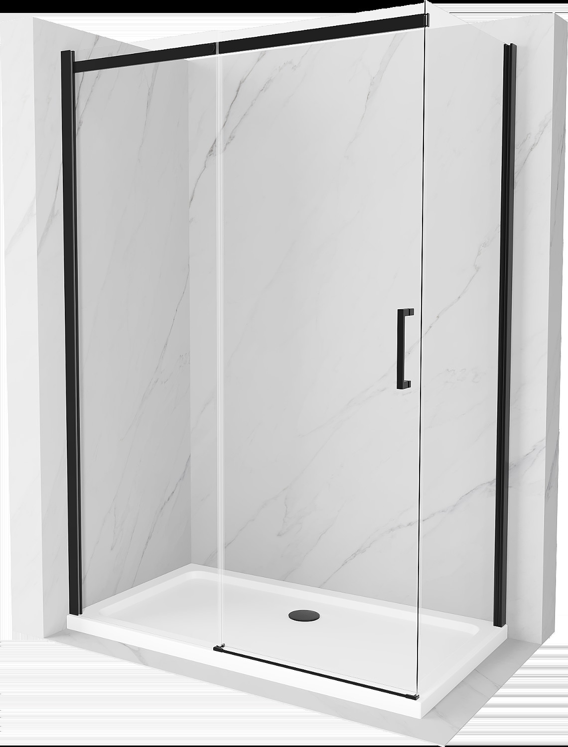 Mexen Omega cabină de duș extensibilă 140 x 80 cm, transparent, Neagră + cadă de duș Flat, Albă - 825-140-080-70-00-4010B